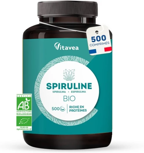 Spiruline BIO Ultra Pure 1500 mg - 500 comprimés - Sans Excipients, Riche en Protéines, Phycocyanine, Fer, Antioxydants - Immunité, Fatigue - Vegan - Fabriqué en France - Vitavea