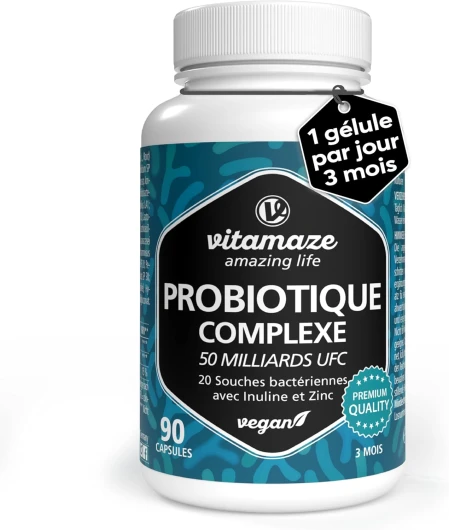 Probiotique Flore Intestinale - 50 milliards UFC, 20 Souches avec Zinc et Inuline (3 Mois) - 1 Capsule par Jour Végane et Gastro-résistante pour Digestion et Immunité - Qualité Européenne Vitamaze®