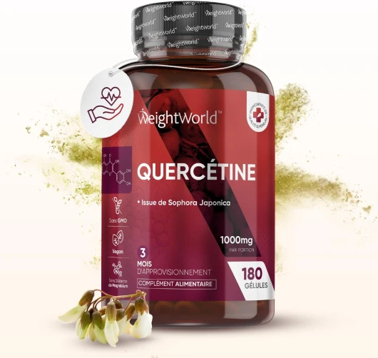 Quercétine 1000MG Par Portion, 180 Gélules Vegan, Issue d'Extrait de Fleur de Sophora Japonica, Quercetine Anhydre Pure Cure de 3 Mois, Flavonoïdes Haute Biodisponibilité, Sans Stéarate De Magnésium