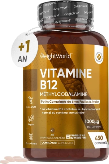 Vitamine B12 Vegan 1000mcg Haute Dose - Énergie, Immunité, Fatigue, Métabolisme & Système Nerveux - 450 Comprimés B12 Méthylcobalamine Pure & Biodisponible - Vitamine Adulte d'Origine Naturelle