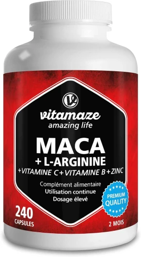 Maca à Haute Dosage 4000 mg Poudre + L-Arginine 450mg + Vitamines + Zinc, 240 Gélules pour 2 Mois, Racine de Maca Péruvienne des Andes, Qualité Allemande, sans Additifs, Vitamaze