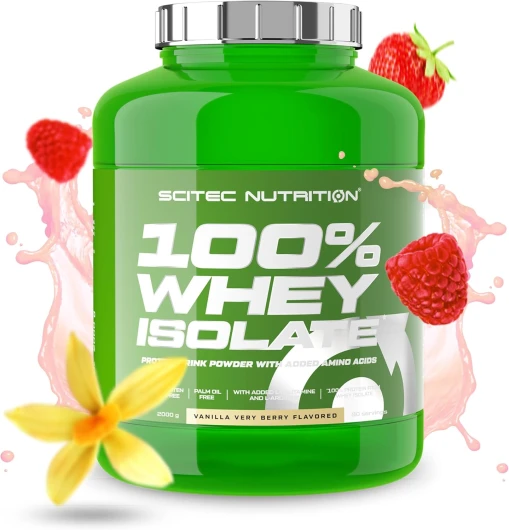 100% Whey Isolate, Boisson en poudre aromatisée avec isolât de protéines, L-glutamine, L-arginine et édulcorants, sans sucre, sans gluten, 2 kg, Vanille-Fruits des bois