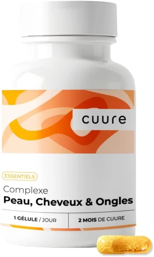 Complexe Peau, Cheveux & Ongles - CUURE - Actif Prouvé Cliniquement - Biotine Sélénium Zinc et Vitamine B8, B5 - Elasticité & Apparence Peau et Cheveux - 60 Jours - Fabriqué en France