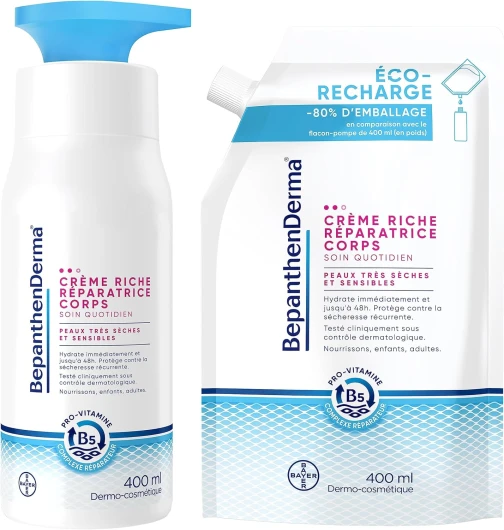 ® Crème riche réparatrice corps - Soin quotidien peaux très sèches et sensibles - Hydrate immédiatement jusqu'à 48H(1) - Beurre de karité, Huile d'argan- Eco recharge*+Flacon pompe 400ml