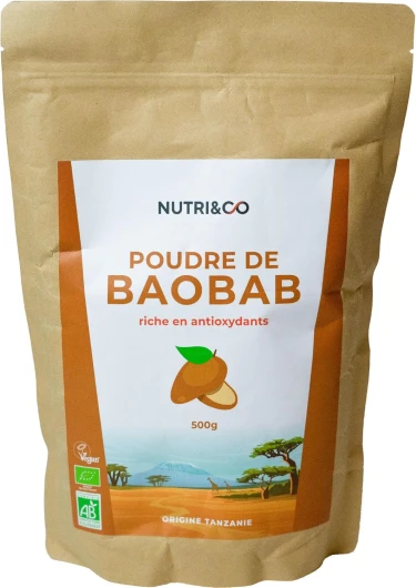 NUTRI & Co Poudre de Baobab BIO 500g - 100% Naturel, Riche en Antioxydants, Fibres & Vitamines - Immunité et Transit - Adansonia Digitata Issue d’une filière Durable & Responsable