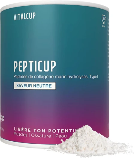 Pepticup - Peptides de collagène marin en poudre, type 1 - Tendons, Os, Peau - 200g, 30 doses, 1 mois - Saveur neutre, sans additif - Made in France