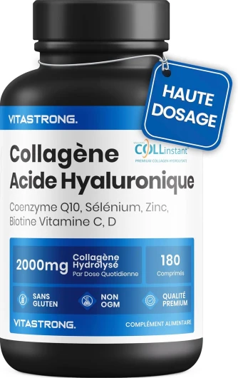 COLLAGENE et ACIDE HYALURONIQUE Vitastrong - 2000mg Collagène COLLinstant avec Biotine, Coenzyme Q10, Zinc, Sélénium, Vitamine C, Vitamine D - Formule Efficace - Qualité Premium