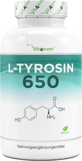 L-Tyrosine - 240 capsules - 1300 mg par portion journalière - 4 mois d'approvisionnement - Végétalien - Dosage élevé - Acide aminé