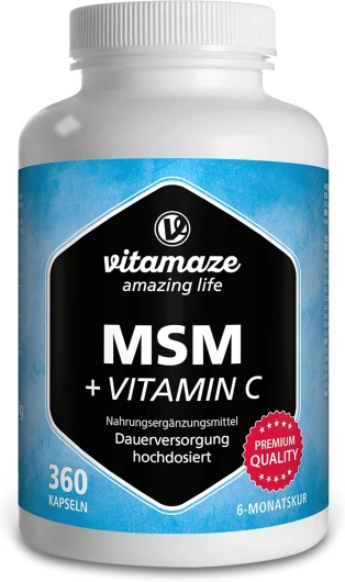 MSM Gélules 1334 mg avec Vitamine C - Durée de 6 Mois, 360 Capsules de Soufre Organique et Vegan - 99,9% Méthylsulfonylméthane, Complement Alimentaire sans Additifs Inutiles