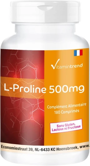 L-Proline 500mg – Végan – Hautement dosé – Végan - Boite de 180 comprimés - ! POUR 3 MOIS ! - Vitamintrend®