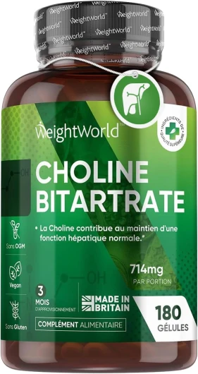 Choline Bitartrate, 714 mg Par Portion -180 Gélules Vegan (3 Mois) - Maintien d'une Fonction Hépatique Normale, Contibue au Métabolisme Normal des Lipides et de l'Homocystéine (EFSA) - WeightWorld