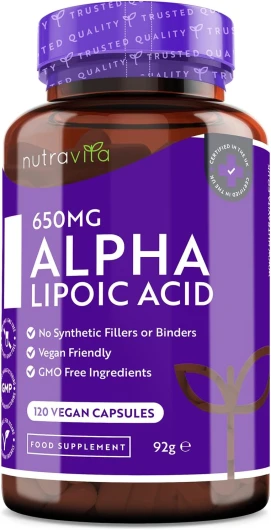 Acide Alpha-Lipoïque 650 mg − 120 Gélules Entièrement Végétales très Puissantes − 100% Naturelles, sans Agent de Remplissage Synthétiques − Provision de 4 Mois − Fabriqué au Royaume-Uni par Nutravita