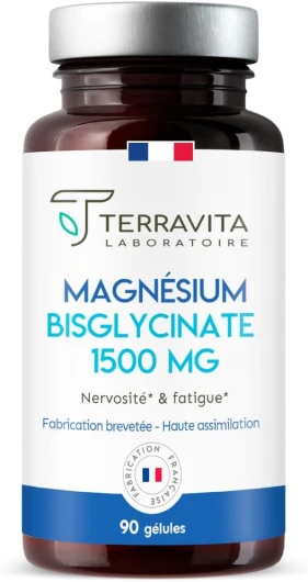 MAGNÉSIUM BISGLYCINATE + Vitamine B6 - Forme Chélatée Labellisée TRAACS - Biodisponibilité Maximale Sans Effet Laxatif - Contre la Fatigue et le Stress - 90 Gélules Vegan - Made in France - Terravita