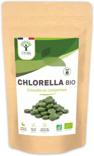 Chlorella Bio - Bioptimal - Complément Alimentaire - Protéine Vitamine B12- Poudre Chlorelle Pure - Compressé à froid - 500mg / Comprimé - Conditionné en France- Certifié Ecocert - 150 comprimés