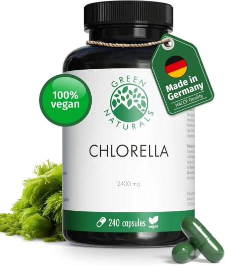 Chlorella 2400mg - 240 Gélules à Haute Dosage - Poudre Pure de Chlorella, Végan, Sans Gluten ni Additifs - Approvisionnement pour 2 Moié