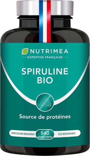 Spiruline BIO - Sans Excipients & OGM - 19% de Phycocyanine - Riche en Protéines, Fer & Antioxydants - Nutrimea - 540 Comprimés Vegan de 500 mg - 6 Mois de Cure - Fabriqué en France