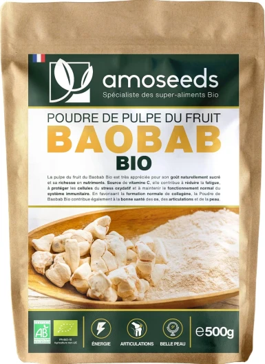 Poudre de Baobab Bio 500G - Énergie, Articulations, Belle Peau, Immunité - Qualité Supérieure