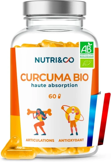 NUTRI & CO Curcuma BIO Gélules - Brevet Français TurmiPure Gold® Haute Absorption 300mg - Sans Pipérine ni Poivre Noir - Antioxydant Naturel & Articulations - 60 Capsules Vegan - Fabriqué en France