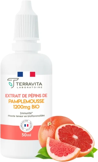 Extrait de Pépins de Pamplemousse BIO + Vit C - Titré en Bioflavonoïdes 1200 mg - Immunité - Antioxydant - Double Action Interne et Externe - Flacon Compte-gouttes 50 ml - Made in France - Terravita