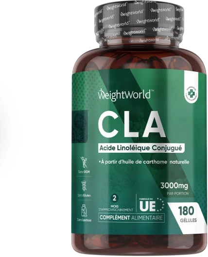 CLA 3000mg par Jour - Source Omega 6 Acides Gras Essentiels - 80% Acide Linoléique Conjugué 180 Gélules (2 Mois) - Issu 100% d'Huile de Carthame - Sport Musculation Homme, Alternative à L Carnitine