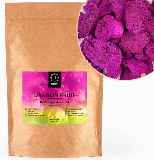 BRIX Fruit du Dragon Lyophilisé - Pitaya Sechee 100% Naturel Poudre 95g - Prix Great Taste Fruits Lyophilisés - Sans OGM Sans Gluten Végétalien et Vitamines Conservées