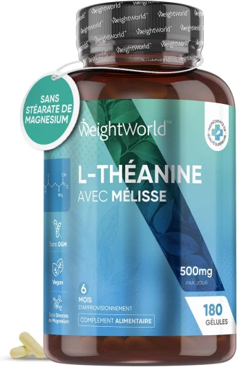 L-Theanine 500mg 180 Gélules Vegan (6 Mois) - Camellia Sinensis, Acide Aminé de Thé Vert Enrichi en Mélisse - Alternative au GABA - Sans Stéarate de Magnesium & Sans Fructose - WeightWorld