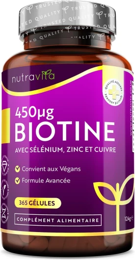 Biotine 450 mcg + Zinc + Cuivre + Selenium - Pour 1 An de Cure, Complement Alimentaire Cheveux pour Pousse Cheveux et Ongles - Biotine Cheveux - 365 Gélules Vegan - Nutravita