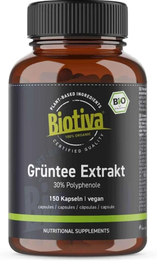 Gélules d'extrait de thé vert bio 150 pièces - 30% Polyphénols - végétalien, sans gluten ni lactose - remplies et contrôlées en Allemagne - Biotiva