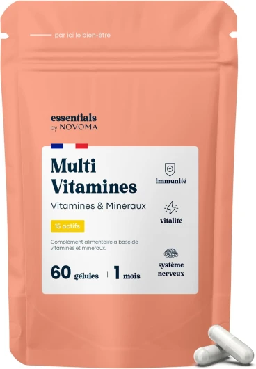 Multivitamines et Minéraux, 15 Nutriments Essentiels, Vitamines A B C D E + Magnésium & Zinc, Immunité & Énergie, 60 gélules Vegan, Cure de 1 mois, Fabriqué en France, Essentials by Novoma