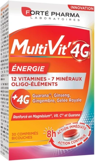 Multivit' 4G Energie - Complément Alimentaire Forme et Tonus - 12 Vitamines, 7 Minéraux, Guarana, Gelée royale, Ginseng, Magnésium - Fatigue, Irritabilité - 30 comprimés Bi-couches