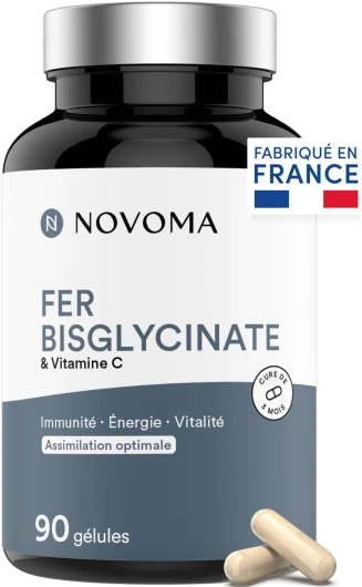 Fer Bisglycinate 14 mg + Vitamine C, Haute Absorption, Immunité & Anti-fatigue, Cure de 3 mois, Complément Alimentaire breveté Ferrochel®, 90 Gélules Vegan, Fabriqué en France