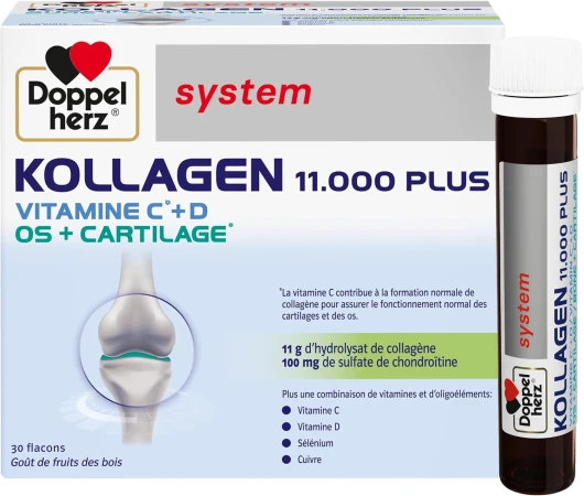 , Kollagen 11000 Plus, Hydrolysat de collagène et Vitamines C, D et minéraux, Pour les os, cartilages et muscles, Goût fruits des bois, 30 flacons de 25ml