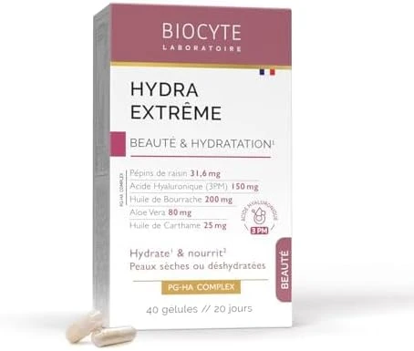 BIOCYTE Hydra Extrême - Acide Hyaluronique, Aloe Vera, Vitamine C et E, Huile de Bourrache - Hydrate, Nourrit & Protège La Peau - Peaux Sèches & Déshydratées - Programme 20 jours