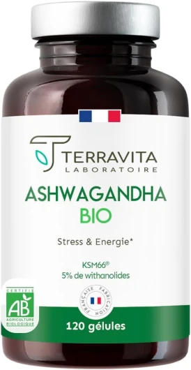 ASHWAGANDHA BIO KSM-66® - Dosage Extra Fort 1200 mg - 5% de Withanolides - Sommeil, Vitalité, Stress & Mémoire - Sans Excipients Controversés - 120 Gélules Vegan - Made in France - Terravita