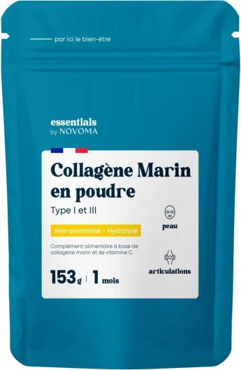 Collagène Marin Poudre Type 1 et 3, Non Aromatisé, 5g par jour, Cure de 30 jours, Peptides Hydrolysés 2000 DA, Peau Hydratée & Articulations Souples, Sachet 153g, Essentials by Novoma