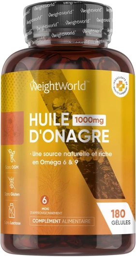 Huile d'Onagre Pressée À Froid 1000mg - 180 Gélules Multi Usages (6 Mois) - Source Riche en Oméga 6 & 9 - Complément Alimentaire Peau, Cheveux, Ongles & Spécial Bien-Être Femme - Fabriqué en UE