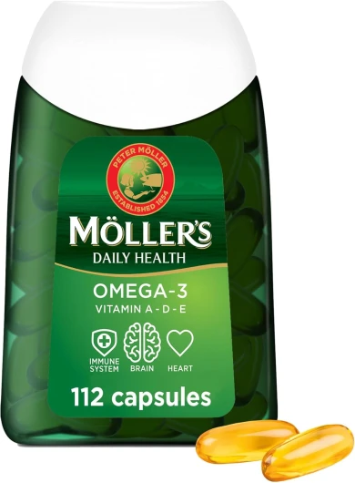 Moller’s ® - Capsules oméga-3 - Huile de poisson - Complément alimentaire nordique d'oméga-3 avec EPA, DHA, vitamines A, D et E - Marque vieille de 166 ans - Daily Health - 112 capsules