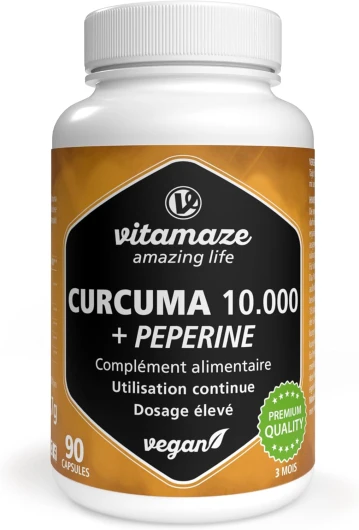 Curcuma 10.000 mg hautement dosé en 1 gélule avec Pipérine + Curcumine, 90 gélules d'extrait de Curcuma bioactif pour 3 mois, Complément alimentaire sans additif, Fabriqué en Allemagne