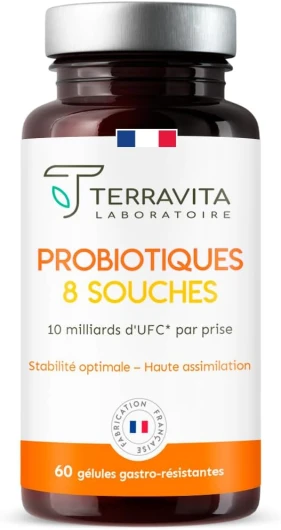 Probiotiques Flore Intestinale - Microbiote et Santé Digestive - 8 Souches Bio-actives dont Lactobacillus Rhamnosus et Acidophilus - 60 Gélules Vegan Gastro-résistantes - Made in France - Terravita