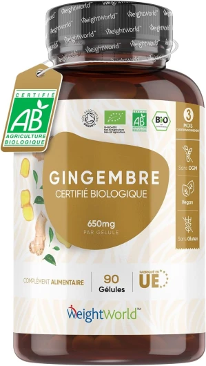 Gingembre Gélules Bio 650 mg - 90 Gélules de Poudre Gingembre Sèche - Vegan (3 Mois) - Certifié Agriculture Biologique - Source de Fer, Potassium, Vitamine C, Magnésium - Racine Zingiber Officinale