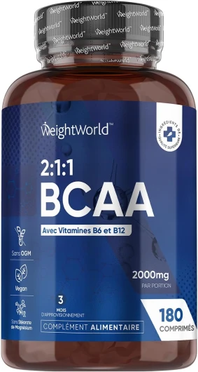 BCAA 2000 mg Protéines Musculation Pre Workout & Post Workout 2:1:1-180 Comprimés Vegan - Acides Aminés, L-Leucine, L-Isoleucine, L-Valine + Vitamine B6 & B12 - Énergie, Metabolisme - Pour Sportifs