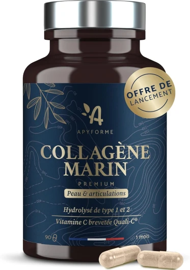 Collagene Marin + Acide Hyaluronique - Peau et Articulations - Enrichi en Vitamine C - Collagène Premium Hydrolisé Type 1 et 2-90 Gélules - Fabriqué en France par Apyforme