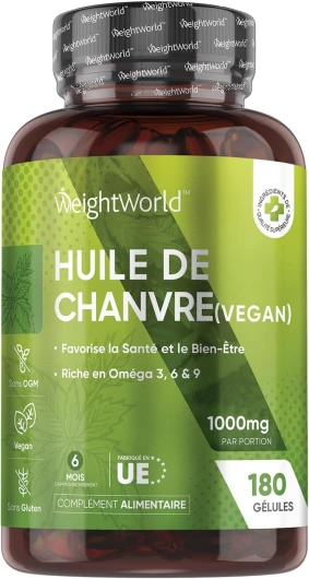 Huile de Chanvre 1000mg - 180 Gélules (6 Mois) - Riche en Omega 3 6 9 (874mg) Acides Gras Essentiels - Omega 3 Vegetal Huile Graines de Chanvre Pressées à Froid Antioxydant Puissant Avec Vitamine E