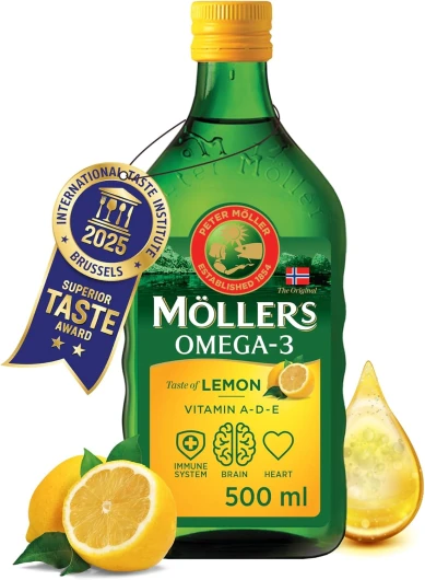 Moller’s ® - Huile de foie de morue oméga 3 - Compléments alimentaires oméga-3 avec EPA, DHA, vitamines A, D et E - Prix Superior Taste - Marque vieille de 166 ans - Citron - 500 ml