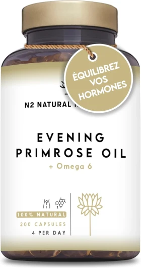 Huile d'Onagre + Omega 6 Pressee a Froid 10% GLA et Vitamine E - 200 Gélules 2000 mg - Équilibre Hormonal, Syndrome Premenstruel et Antioxydant - N2 Natural Nutrition