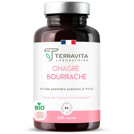 ONAGRE et BOURRACHE - Huiles BIO Première Pression à Froid - 120 Capsules de 500 mg - Hydratation de la Peau en Profondeur - Régulation du Système Hormonal - Label Ecocert Made in France - Terravita