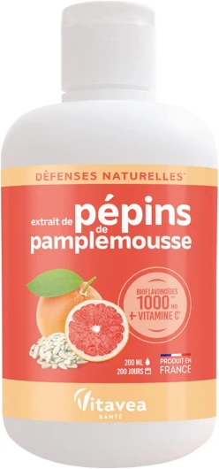 Extrait de Pépins de Pamplemousse + Vitamine C - Booste les défenses naturelles - Forte concentration en bioflavonoïdes - Immunité - 200 ml - 200 jours - Fabriqué en France