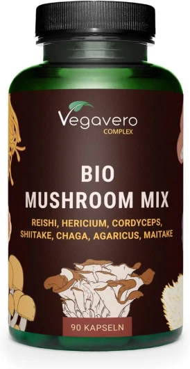 Complexe 7 Champignons BIO - Avec Extraits Biologiques : Lions mane, Maïtaké, Shiitake, Cordyceps, Reishi, Chaga, Agaricus - 1300 mg - Défense Immunitaire - Vegan & Sans Additifs - Vegavero®