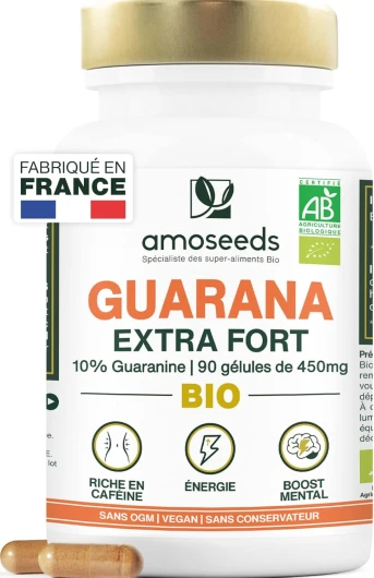 Guarana BIO Extra Fort, 5400mg par jour - 10% de Caféine Naturelle - 90 gélules vegan - Boost Physique, Concentration - Qualité Supérieure