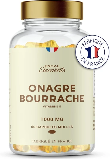 ONAGRE BOURRACHE + VIT E - Huile de Bourrache Huile d'onagre pressées à froid - Equilibre Hormonal Femmes, Ménopause et Syndrome prémenstruel - PEAU -1000 MG - 60 Capsules - Fabriqué en France